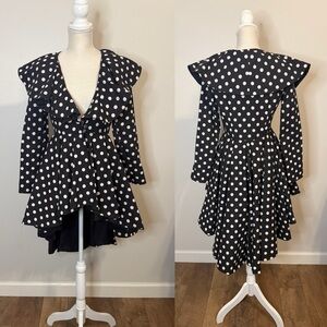 Vintage Black White Polka Dot Collared Peplum High Low Dress Jacket Sz XS
